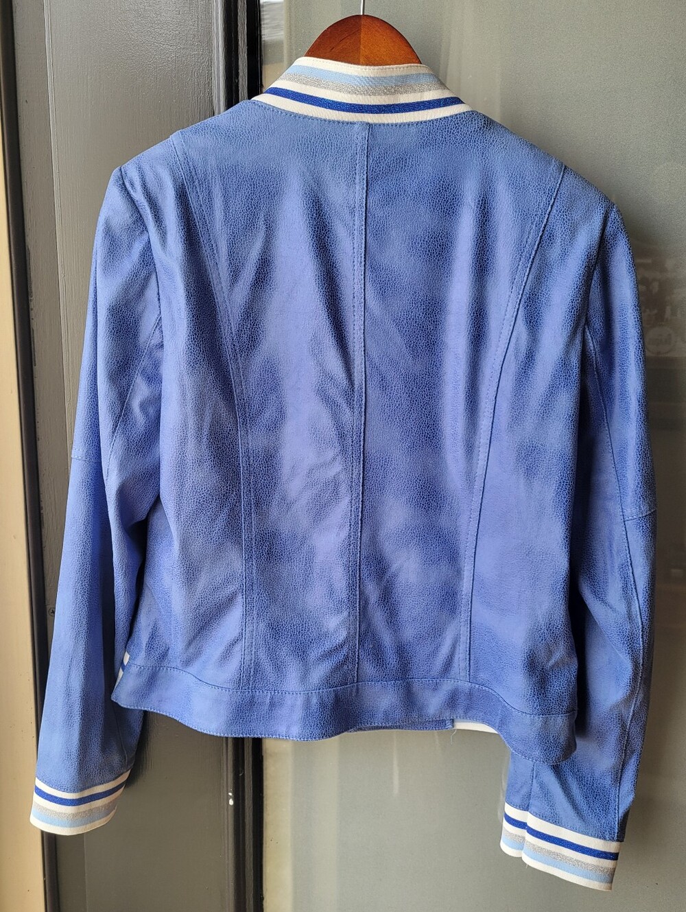 Lena Gabrielle Women's Faux Suede Jacket sz 8 Ocean BLUE Full Zip Stripe Trim - Picture 3 of 12